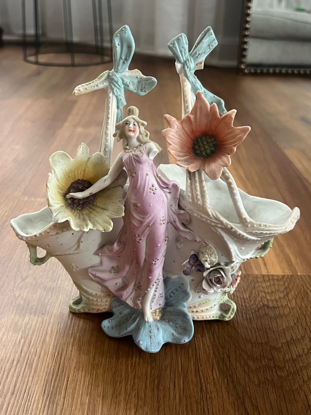 Antique Art Nouveau German Bisque Porcelain Double Dish Figure